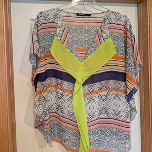 Eloquii Multicolor Geometric Stripe Tunic with Neon Lime Tie